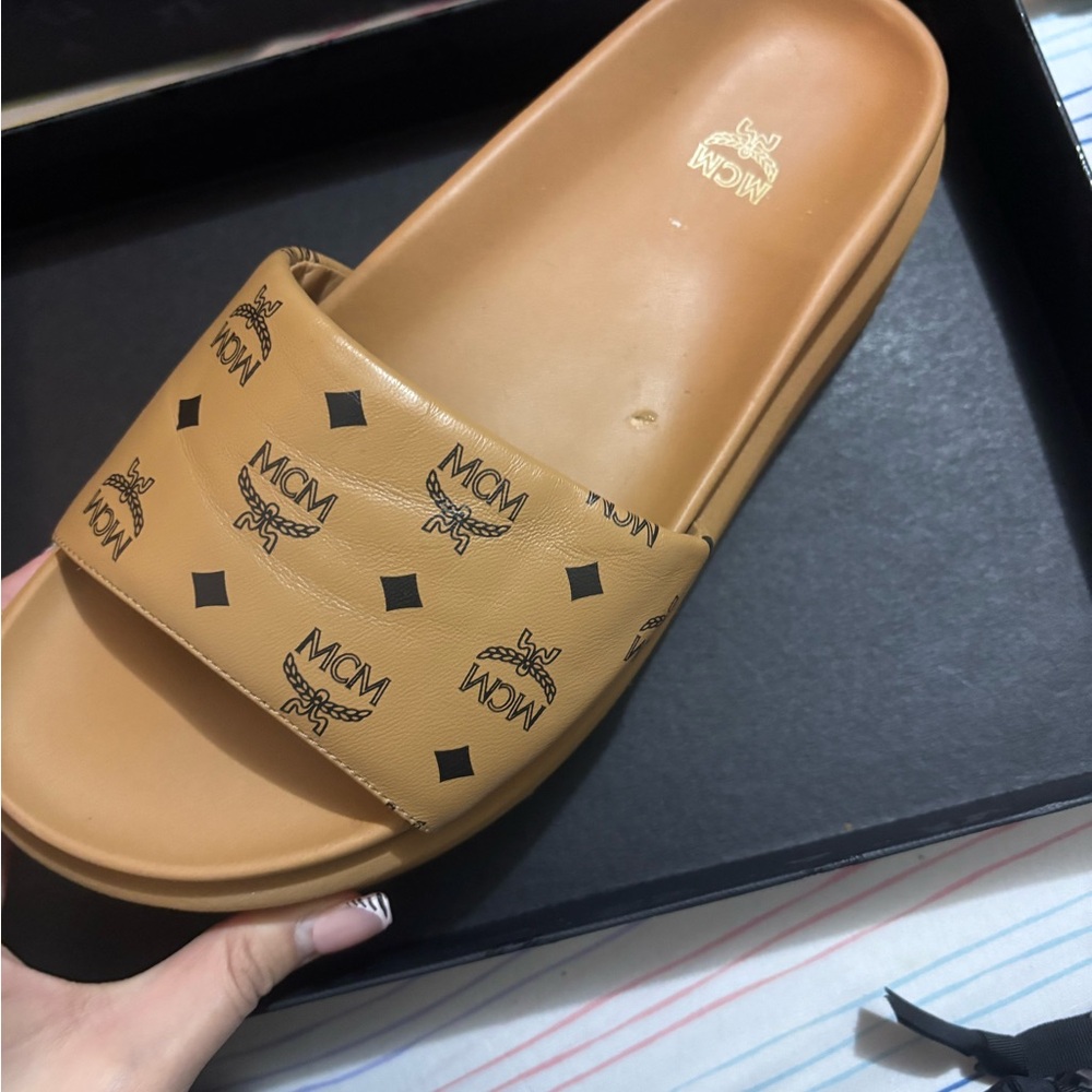 MCM Brown Logo Slide Sandals